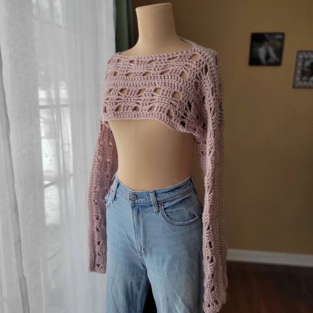Fairycore Crochet Bell Sleeve Shrug Crop Top Arm Warmer - Mauve Pink - Picture 2 of 6